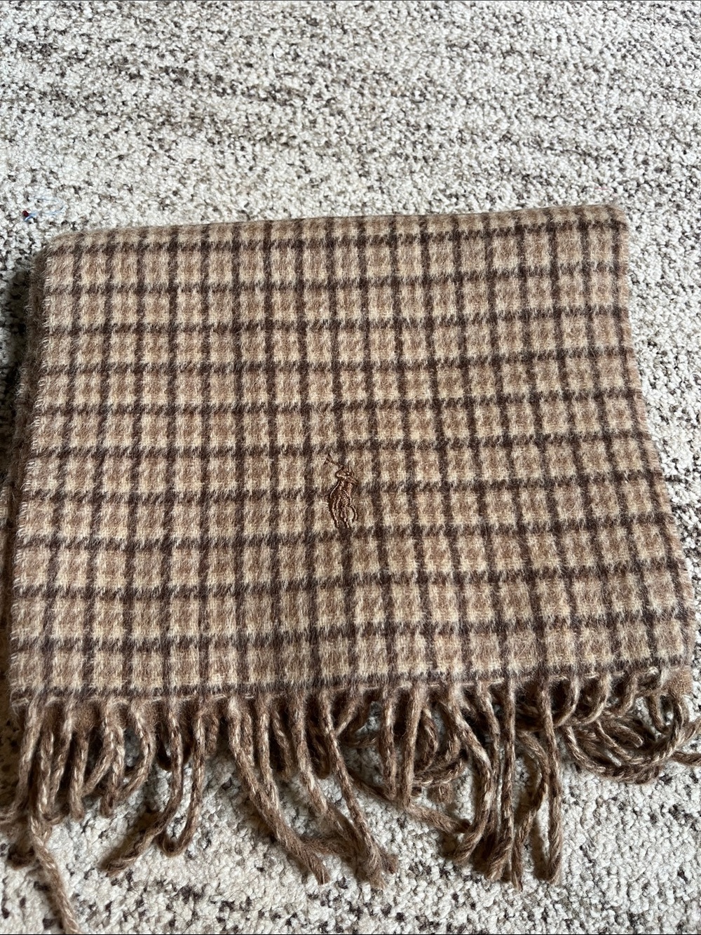 Polo by Ralph Lauren Tan and Brown Plaid Wool Scarf with Fringe
